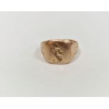 Rose gold signet ring with stag crest (marks worn), 6.1g approx. (valued as 9ct) Condition