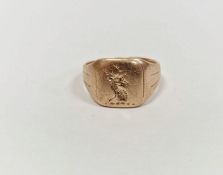 Rose gold signet ring with stag crest (marks worn), 6.1g approx. (valued as 9ct) Condition