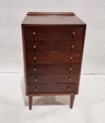 Mid century modern mahogany chest of six drawers, with brass handles, on tapering supports, 56.5cm x