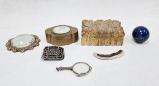 Wooden gold-painted box with hinged lid, a circular marble-style box with hinged lid, a small