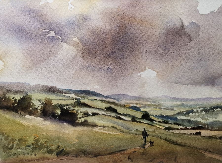 V J Avery Watercolour Birdlip Hill, signed lower right and titled lower left and a colour print (2) - Image 3 of 4