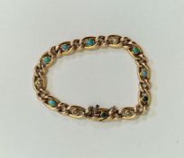15ct gold, turquoise and pearl bracelet, oval link set with pearl and turquoise cabochon stones,