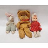 Mid 20th Century soft toys to include - doll with vinyl face, bear with red ribbon and with stuffing