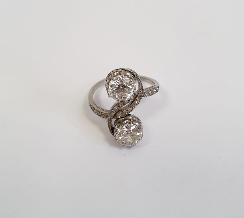 Diamond two-stone crossover ring, each diamond approx. 0.7ct and on scroll crossover branch inset - Image 2 of 2