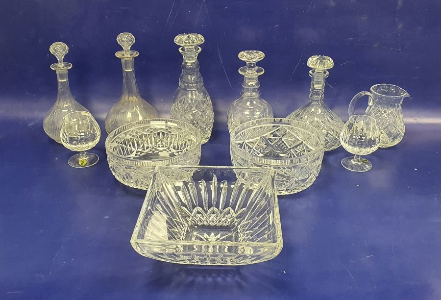 Pair of Waterford crystal brandy glasses, a Waterford crystal bowl of square form, assorted cut