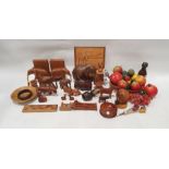Box of wooden carved collectables to include an Erzgebirgische smoking figure, Erzgebirgische