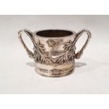 Chinese export silver twin-handled sugar pot with bug and bamboo decoration, Wang Hing mark to