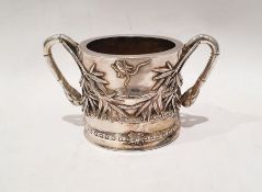 Chinese export silver twin-handled sugar pot with bug and bamboo decoration, Wang Hing mark to