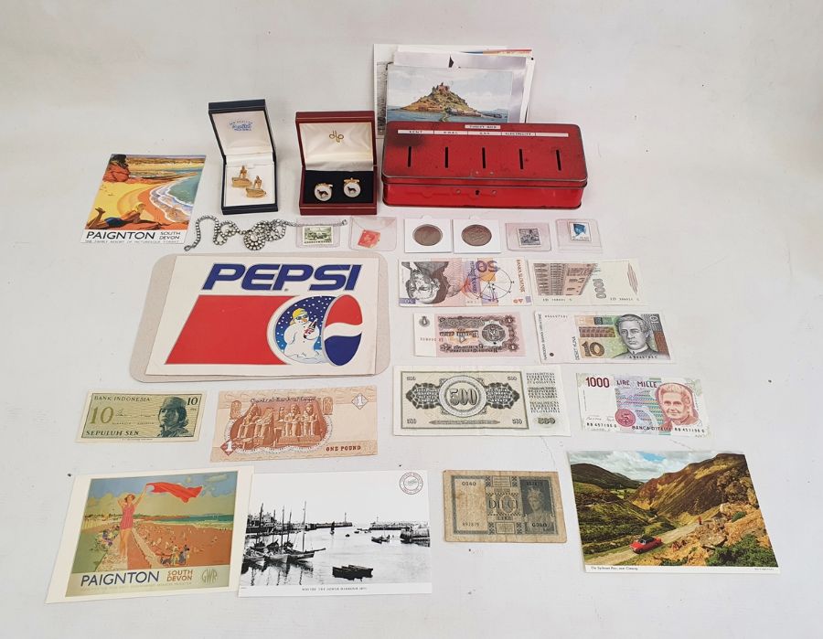 Quantity of collectables including vintage thrift tin, banknotes, coins, stamps, Pepsi sticker and