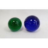 Glass paperweight in green, with bubbled decoration similar blue paperweight (2)