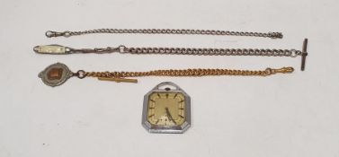 Wyler Art Deco stainless steel pendant watch with subsidiary seconds dial, silver albert chain and a