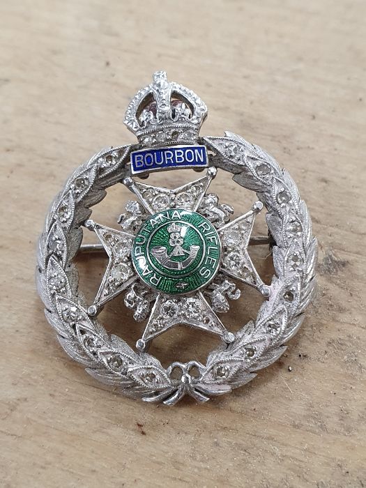 White metal, diamond and enamel regimental brooch, “Rajputana Rifles, Bourbon”, the wreath border - Image 3 of 7