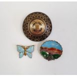 Georgian-style gold and silver pique work circular medallion brooch and two enamel brooches (3)