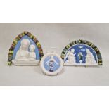 Della Robbia pottery arched shaped plaque, the Annunciation, with fluting border, 32cm wide, similar