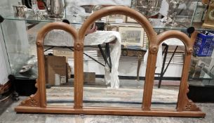 20th century oak framed overmantel mirror in three arched plate sections
