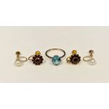 Pair gold-coloured metal and garnet screw-pattern earrings, pair pearl earrings and blue stone set