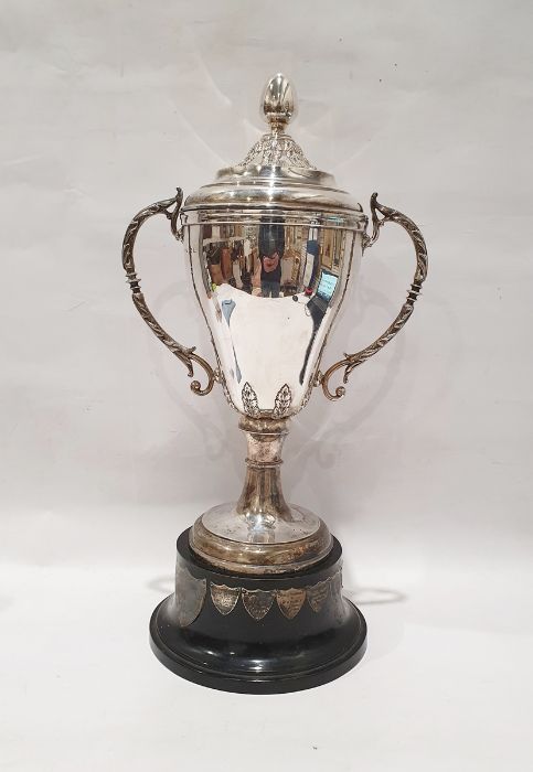 Early 20th century silver twin-handled trophy cup with acanthus leaf handles, on circular base