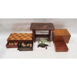 Chess and backgammon set with pieces. wooden box with hinge lid, smaller wooden box with brass