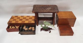 Chess and backgammon set with pieces. wooden box with hinge lid, smaller wooden box with brass