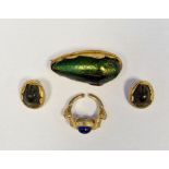 Pair scarab beetle set gold-coloured metal clip earrings, similar larger brooch and a gilt ring