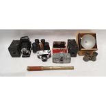 Ensign box camera, Agfa box camera, Zeiss movinette, binoculars etc (1 box)