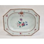 18th century Chinese armorial export porcelain meat plate, rectangular with cut-off corners, the