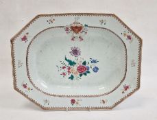 18th century Chinese armorial export porcelain meat plate, rectangular with cut-off corners, the