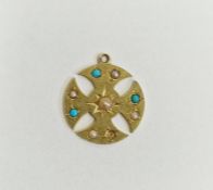 15ct gold, pearl and turquoise Canterbury-style cross pendant, 1.9g approx.