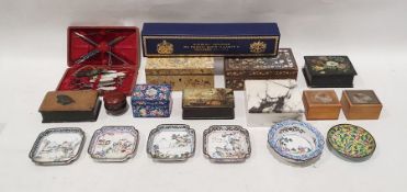Assorted painted and decorative boxes to include marble box on hinges with plaque to base of lid