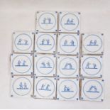 14 blue and white delft tiles, each of two figures, within circle to include wrestling and