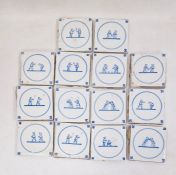 14 blue and white delft tiles, each of two figures, within circle to include wrestling and