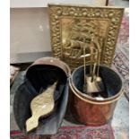 Brass firescreen, a copper coal helmet, a pair of bellows, a companion set and a copper bucket