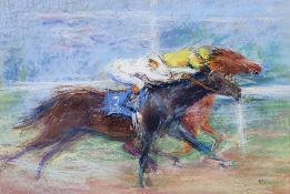 Constance Halford-Thompson (20th century) Pastel "Forging Ahead for the Finish", racehorses,