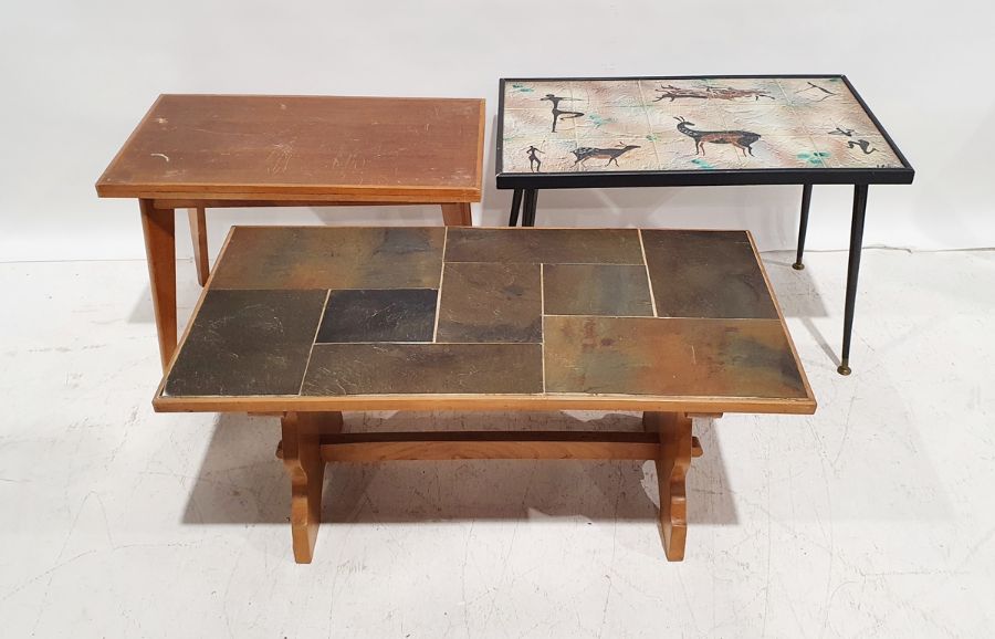 Three assorted coffee tables to include mid-century modern coffee table with neolithic-style tile