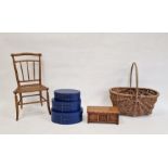 Doll's bamboo and cane chair, a wicker basket, a dolls-style oak coffer and a set of graduated