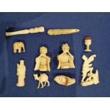 Assorted ivory items to include netsuke in the form of a fish with two-character mark to base,