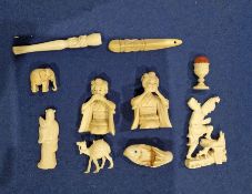 Assorted ivory items to include netsuke in the form of a fish with two-character mark to base,