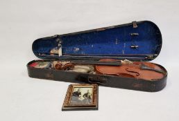 Vintage violin (59 cm) in case, with Richard Peat label, with bow and accompanying photograph