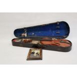 Vintage violin (59 cm) in case, with Richard Peat label, with bow and accompanying photograph