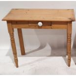 20th century pine single drawer side table, the rectangular top with single drawer, on turned