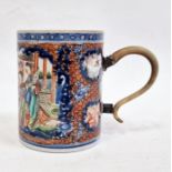 Chinese mug in famille rose decoration, figures in landscape with horn handle