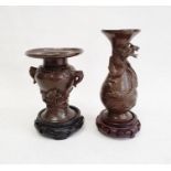 Japanese bronze vase, inverse baluster shaped, embossed with dragon autour, 12cm high and another,