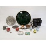 Vintage cricket balls, pewter tazza, pair of binoculars, etc (1 tray)