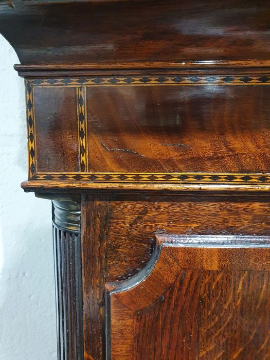 George III inlaid mahogany longcase clock with swan-neck pediment, the painted arched dial decorated - Image 5 of 27