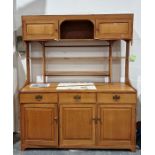 20th century oak and yew banded Arts & Crafts-style dresser, the top with two cupboard doors and