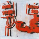 Urbanksy Oil on canvas grafitti-type study with white ground and black and red, 41.5cm x 41.5cm,