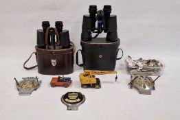 Two pairs of binoculars, two AA badges, quantity of electroplated collector's teaspoons, Dinky