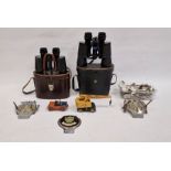 Two pairs of binoculars, two AA badges, quantity of electroplated collector's teaspoons, Dinky