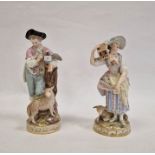 Pair Meissen figures, the lady holding letter, bird in cage on her shoulder and lamb at her feet,