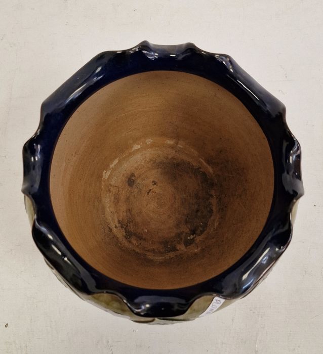 Doulton Lambeth stoneware jardiniere with wavy inverted rim, the green body with blue floral and - Image 5 of 5